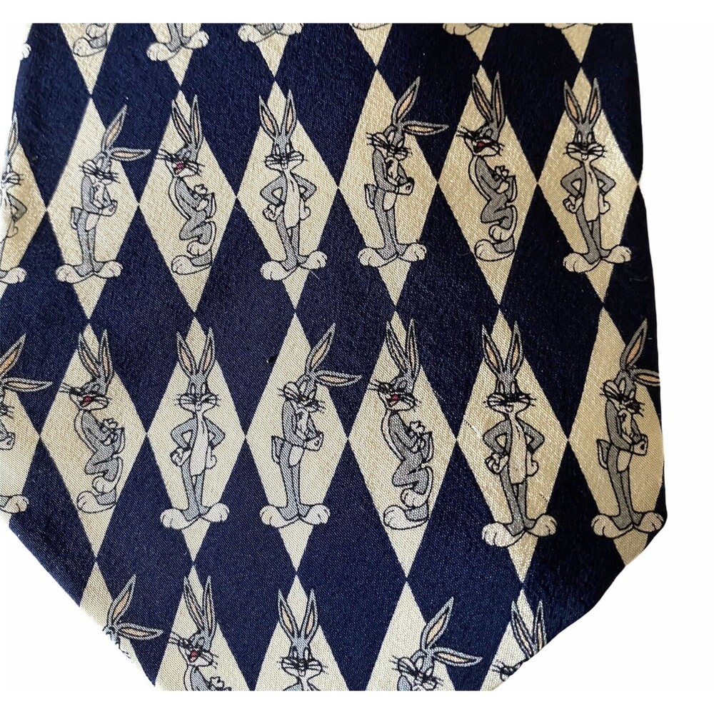 Bugs Bunny Looney Tunes Mens Necktie Tie 100% Silk Blue/Yellow Geometric 4" Wide